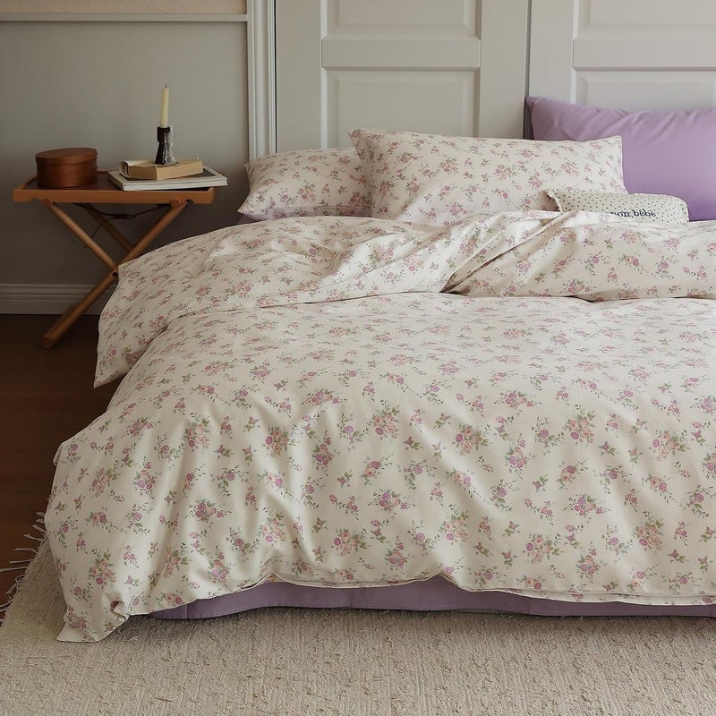 LifeTB Vintage Garden Floral Comforter Set Full Size Cute Pink Floral Bedding Comforter Soft Fluffy Reversible Botanical Flowers Comforter with 2 Pillowcases Boho Cottagecore Bedding Full Comforter Set - Image 4