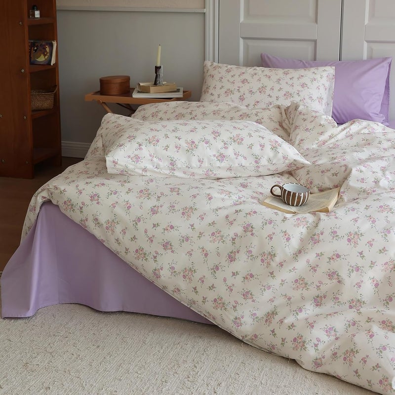 LifeTB Vintage Garden Floral Comforter Set Full Size Cute Pink Floral Bedding Comforter Soft Fluffy Reversible Botanical Flowers Comforter with 2 Pillowcases Boho Cottagecore Bedding Full Comforter Set - Image 2