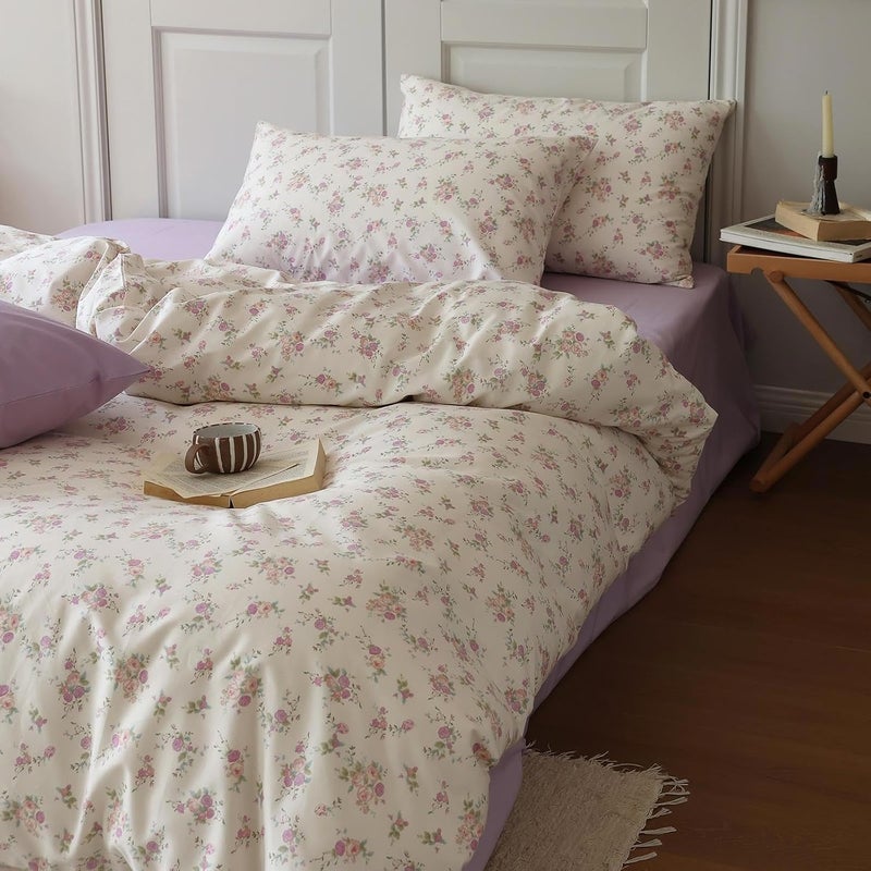 LifeTB Vintage Garden Floral Comforter Set Full Size Cute Pink Floral Bedding Comforter Soft Fluffy Reversible Botanical Flowers Comforter with 2 Pillowcases Boho Cottagecore Bedding Full Comforter Set - Image 5