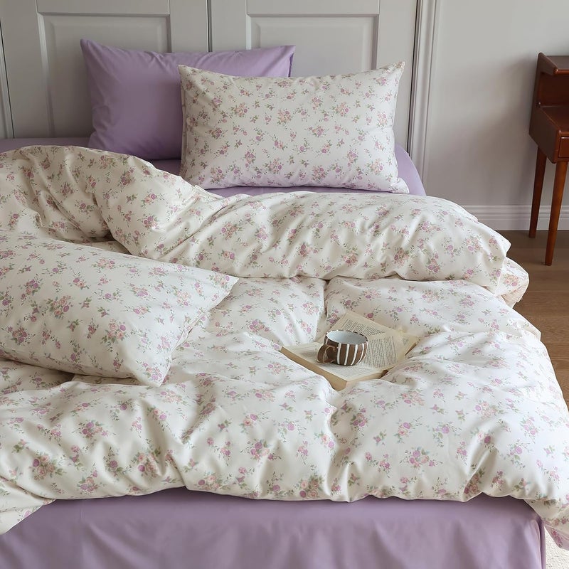 LifeTB Vintage Garden Floral Comforter Set Full Size Cute Pink Floral Bedding Comforter Soft Fluffy Reversible Botanical Flowers Comforter with 2 Pillowcases Boho Cottagecore Bedding Full Comforter Set - Image 1