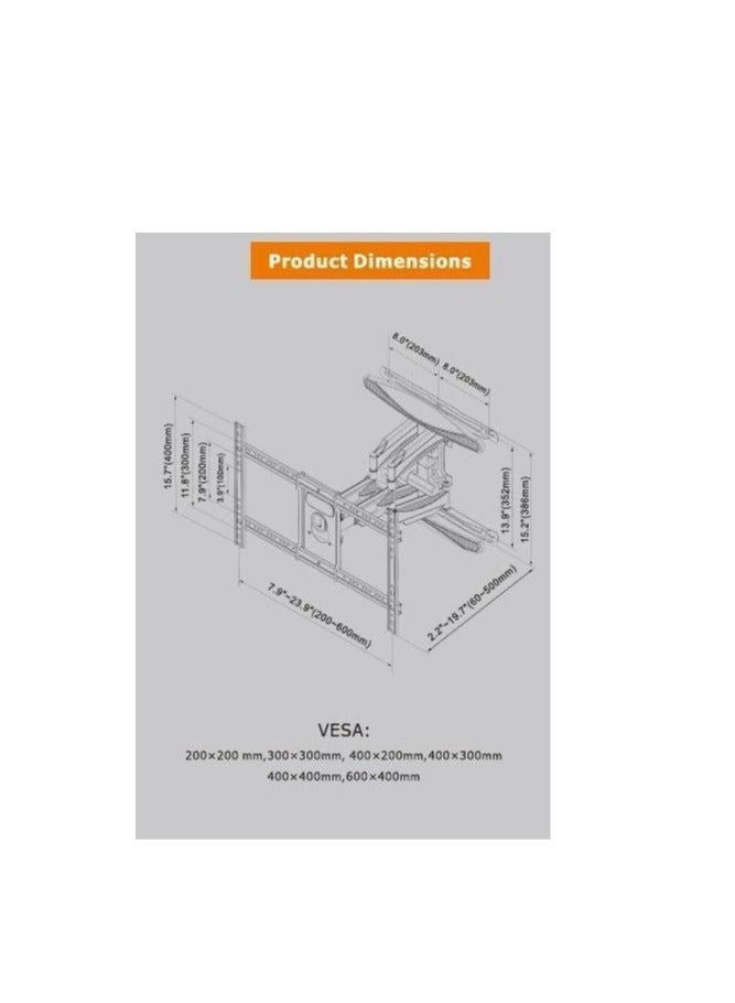 Wall-mounted TV bracket suitable for 55 - 85 inch screens and weighing 4 kg. Black TV bracket with full movement and a wide, large base made of reinforced metal, with safety guide included, and mounting accessories included. - Image 3