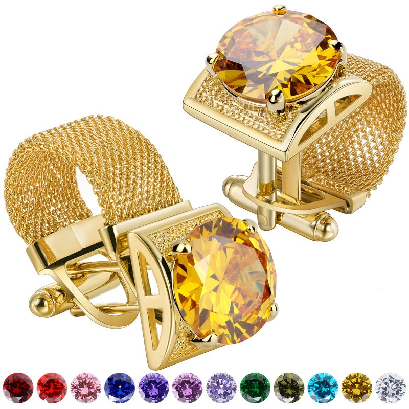 HAWSON Birthstone Gold Tone Cufflinks for Men with Chain Shirt cuff links Wedding Business Birthday Christmas Gifts for Men - Image 1