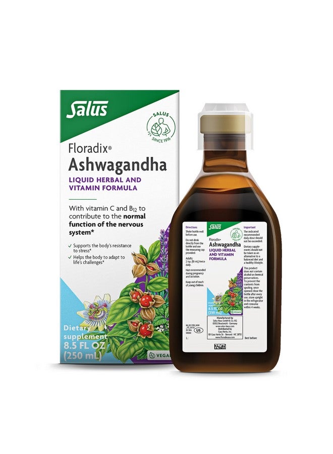 Floradix فلوراديكس أشواغاندا سائل عشبي وصيغة فيتامين - مكمل عشبي مع مستخلص أشواغاندا، فيتامين C، فيتامين B12 والمزيد - صيغة دعم الإجهاد* - نباتي وغير معدل وراثيًا - 8.5 أونصة سائلة - Image 1