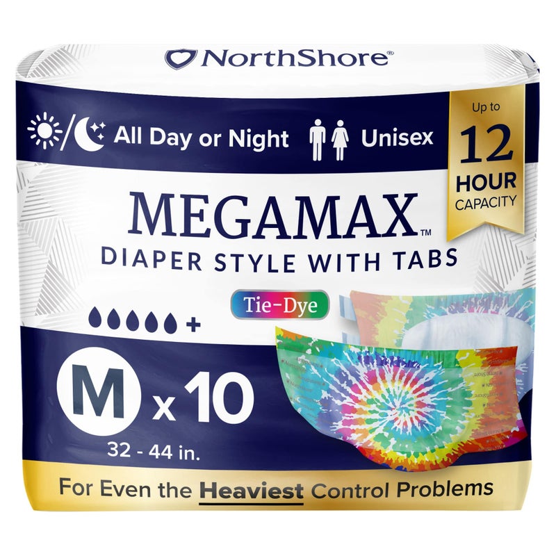 NorthShore MegaMax Adult Overnight Diapers 12Hour TabStyle Medium 10 Count Bag TieDye 3244 inches Unisex Incontinence Underwear