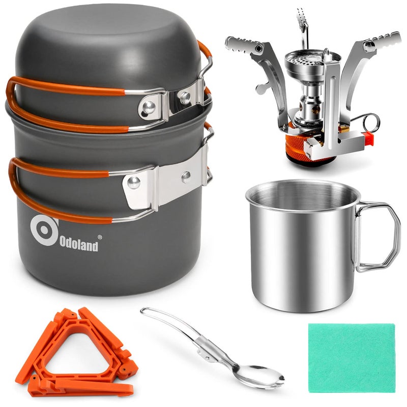 Odoland 8pcs Camping Cookware Mess Kit, Camping Pot and Pan Set with Mini Backpacking Stove, Stainless Steel Cup, Spork and Tank Bracket, Cooking Gear for Outdoor, Hiking, Picnic, Campfire, Red - Image 1