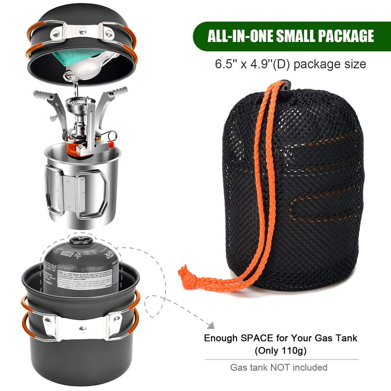 Odoland 8pcs Camping Cookware Mess Kit, Camping Pot and Pan Set with Mini Backpacking Stove, Stainless Steel Cup, Spork and Tank Bracket, Cooking Gear for Outdoor, Hiking, Picnic, Campfire, Red - Image 2