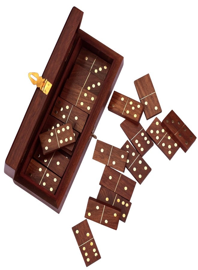 Timber Revival Co Wooden Domino Block Set for Kids Educational and Learning Activity Game Play in Handmade Wooden Box with Brass Dominoes Dice Blocks Inlay Size 8x3x2 Inches. - Image 3