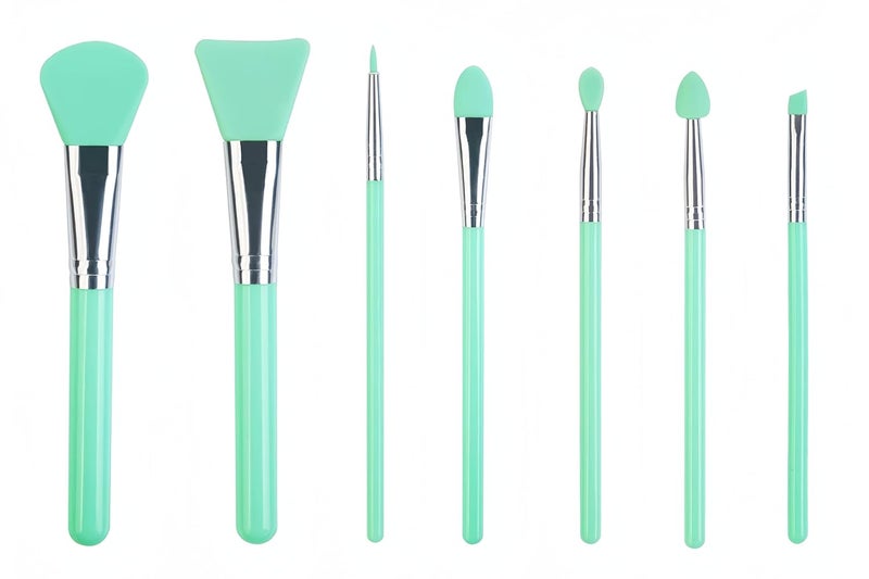 BURRDOFF BURRDOFF 7 Pcs Mint Green Silicone Makeup Brush Set with Leather Pouch Facial Mask Eyeliner Eyebrow Eye Shadow Cream Makeup Lip UV Resin Epoxy Art Crafting - Image 1