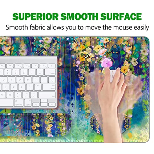 ARTSO Large Gaming Mouse Pad Set, Keyboard Wrist Rest Support + Mouse Wrist Cushion + Extended Mousepad + Coaster, 35x15.5in Multifunctional Desk Mat 4pcs, Oil Painting Flowers - Image 4