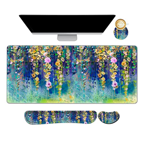 ARTSO Large Gaming Mouse Pad Set, Keyboard Wrist Rest Support + Mouse Wrist Cushion + Extended Mousepad + Coaster, 35x15.5in Multifunctional Desk Mat 4pcs, Oil Painting Flowers - Image 1