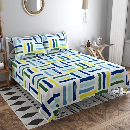 VAS COLLECTIONS Premium 3D Printed 160 TC Microfiber Double Bedsheet with 2 King Size Pillow Covers (90X90 Inches) White, Green & Blue - Image 1