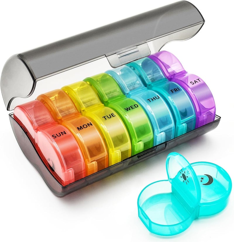 Rabbonix Weekly Medicine Organizer Box 02 Times a Day, Daily Tablets Container Case | Travel Pill Box For 07 days | Black And Multicolor | 01 Pcs - Image 1