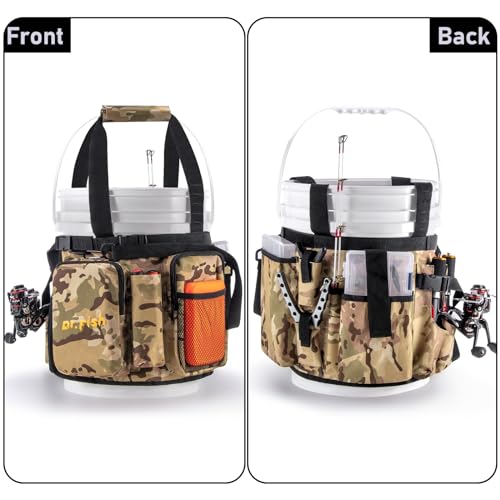 Dr.Fish DrFish 5 Gallon Bucket Tool Organizer Adjustable Gear Bag with 6 Pockets and 2 Rod Holders for Ice Fishing Tackle Storage - Image 3