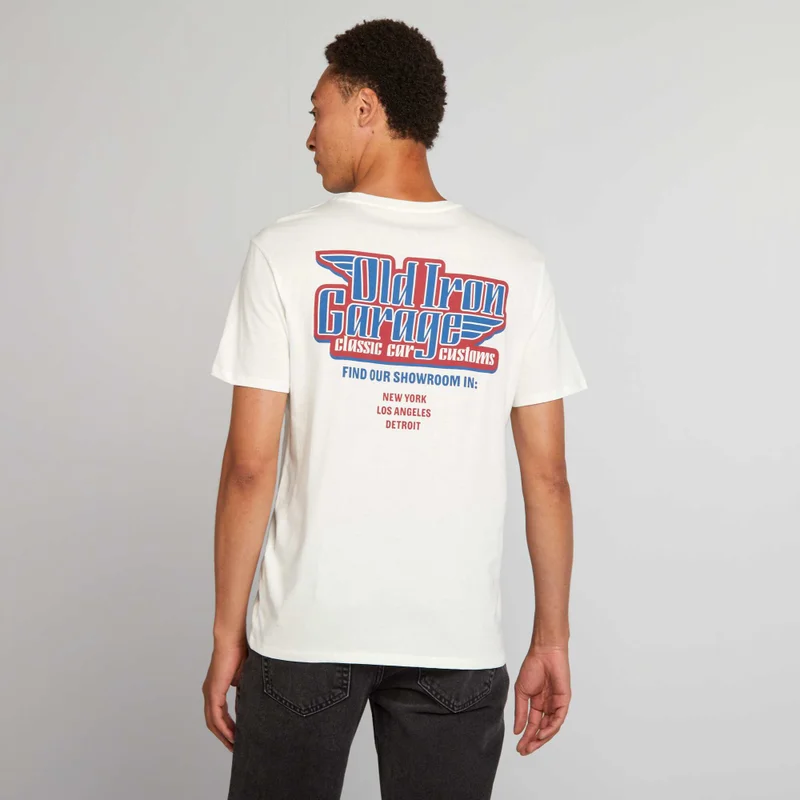 Kiabi  Straight-Cut Cotton T-Shirt With Print White for Men | Best Price UAE