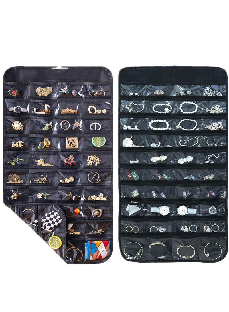 Hanging Jewelry Storage Roll with Metal Hooks, Double-Sided Jewelry Holder ，Jewelry Box， Jewellery Box，The organizer of necklaces, earrings and rings ,Hanging on Closet, Wall, Door, 2piece, Large - Image 1