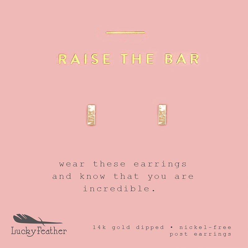 Lucky Feather Tiny Stud Bar Earrings for Women - 14k Gold Platted Raise The Bar Earrings, Represent Her High Standards, Presented on Sentimental Message Card Make Ideal Gifts for Women and Teens - Image 1