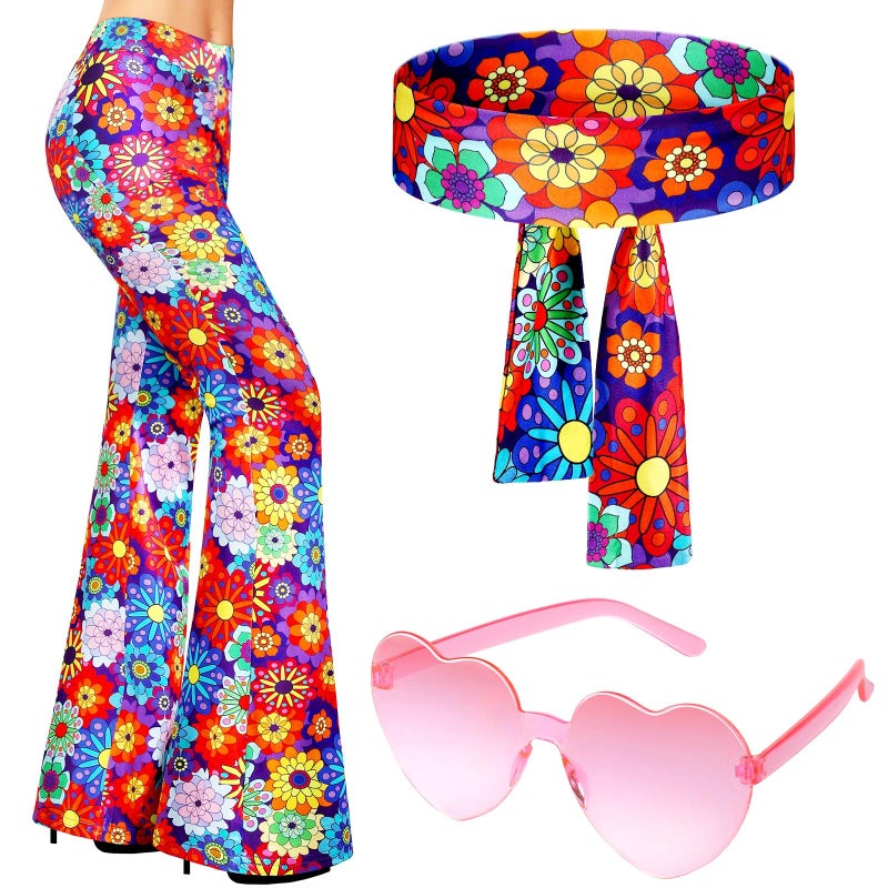 Tisancy 3 Pcs 60s 70s Outfit for Women Hippie Costume Set Disco Flared Pants Groovy Outfit Party Accessories(L Size, Floral) - Image 1