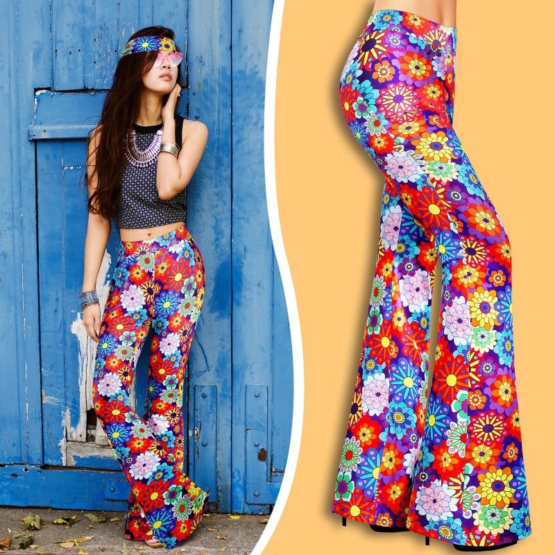 Tisancy 3 Pcs 60s 70s Outfit for Women Hippie Costume Set Disco Flared Pants Groovy Outfit Party Accessories(L Size, Floral) - Image 4