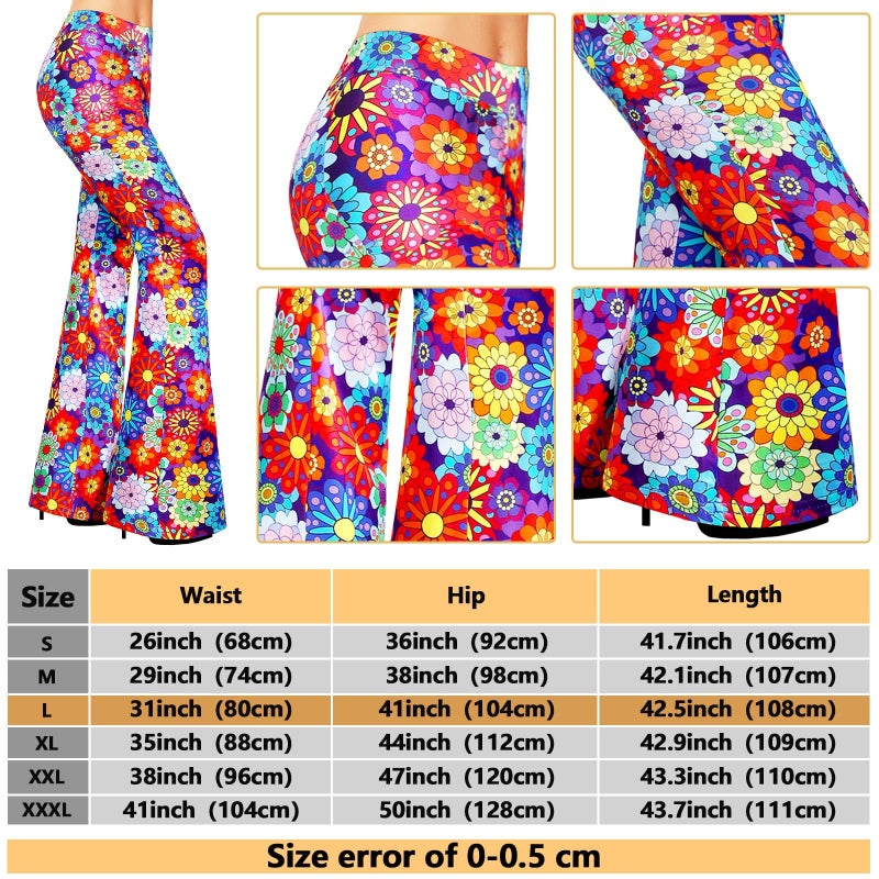 Tisancy 3 Pcs 60s 70s Outfit for Women Hippie Costume Set Disco Flared Pants Groovy Outfit Party Accessories(L Size, Floral) - Image 3