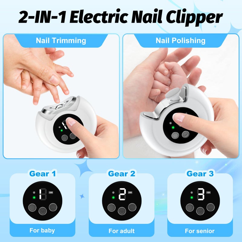 RVDU Electric Nail Clipper, Baby Nail Clipper with File & 3 Speed Gears, Baby Nail Trimmer Electric with LED Light & Storage Box, Smart Nail Clippers for Baby, Adult, Seniors - Image 2