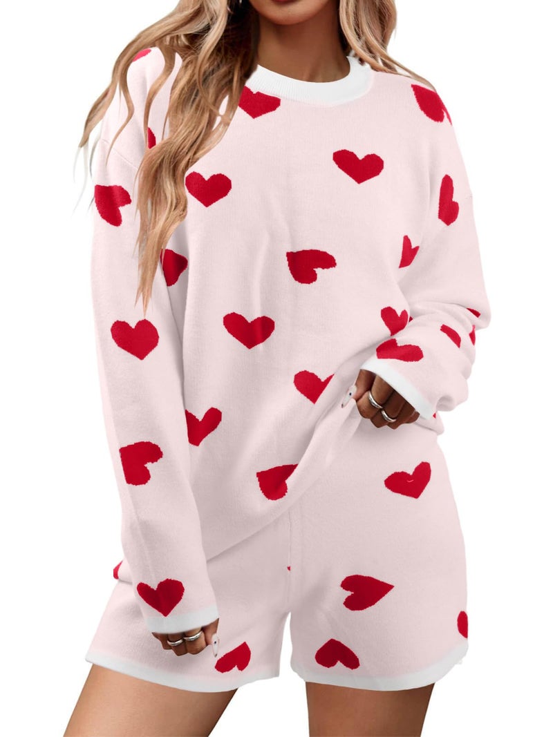 MYHALF Valentine's Day Sweater Sets Heart Sweater for Women Long Sleeve Knit Sweater and Shorts 2 Piece Outfits White - Image 1