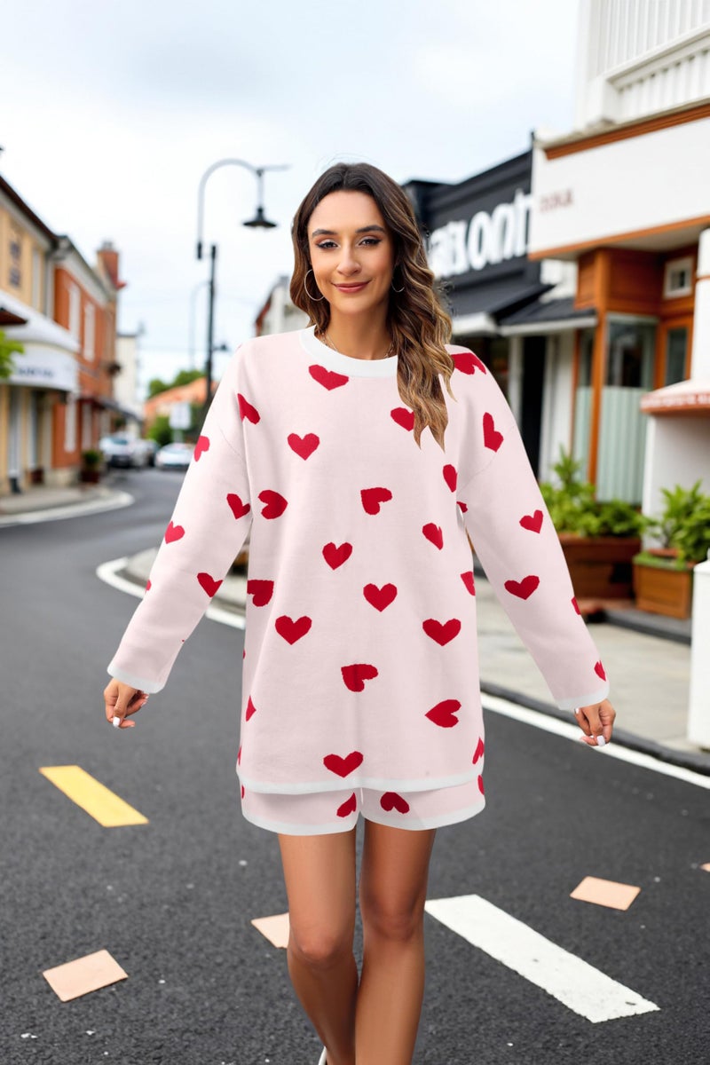 MYHALF Valentine's Day Sweater Sets Heart Sweater for Women Long Sleeve Knit Sweater and Shorts 2 Piece Outfits White - Image 3