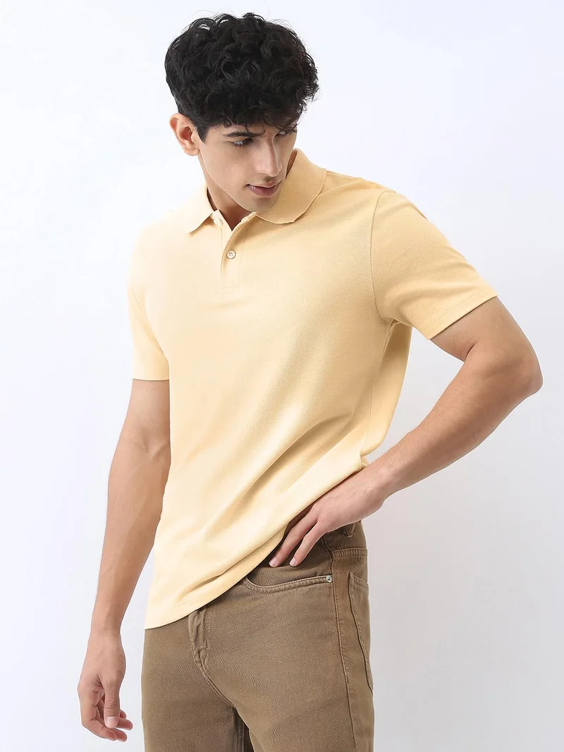 Urbano Fashion  Urbano Fashion Men's Beige Solid Regular Fit Half Sleeve Cotton Polo T-Shirt  | Best Price UAE