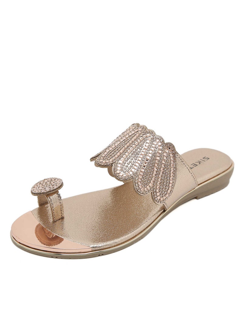 SIKETU Fashion Women Flat Bottom Rhinestone Comfortable Beach Sandals Slippers Gold  - Image 1