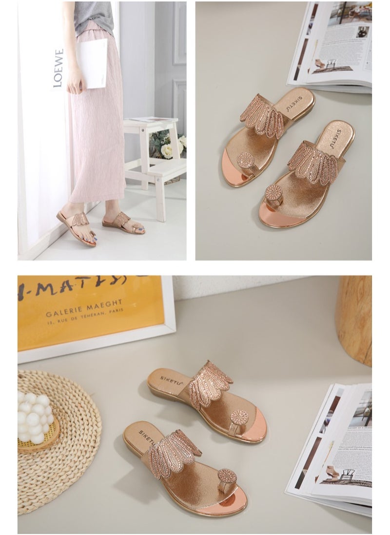 SIKETU Fashion Women Flat Bottom Rhinestone Comfortable Beach Sandals Slippers Gold  - Image 4