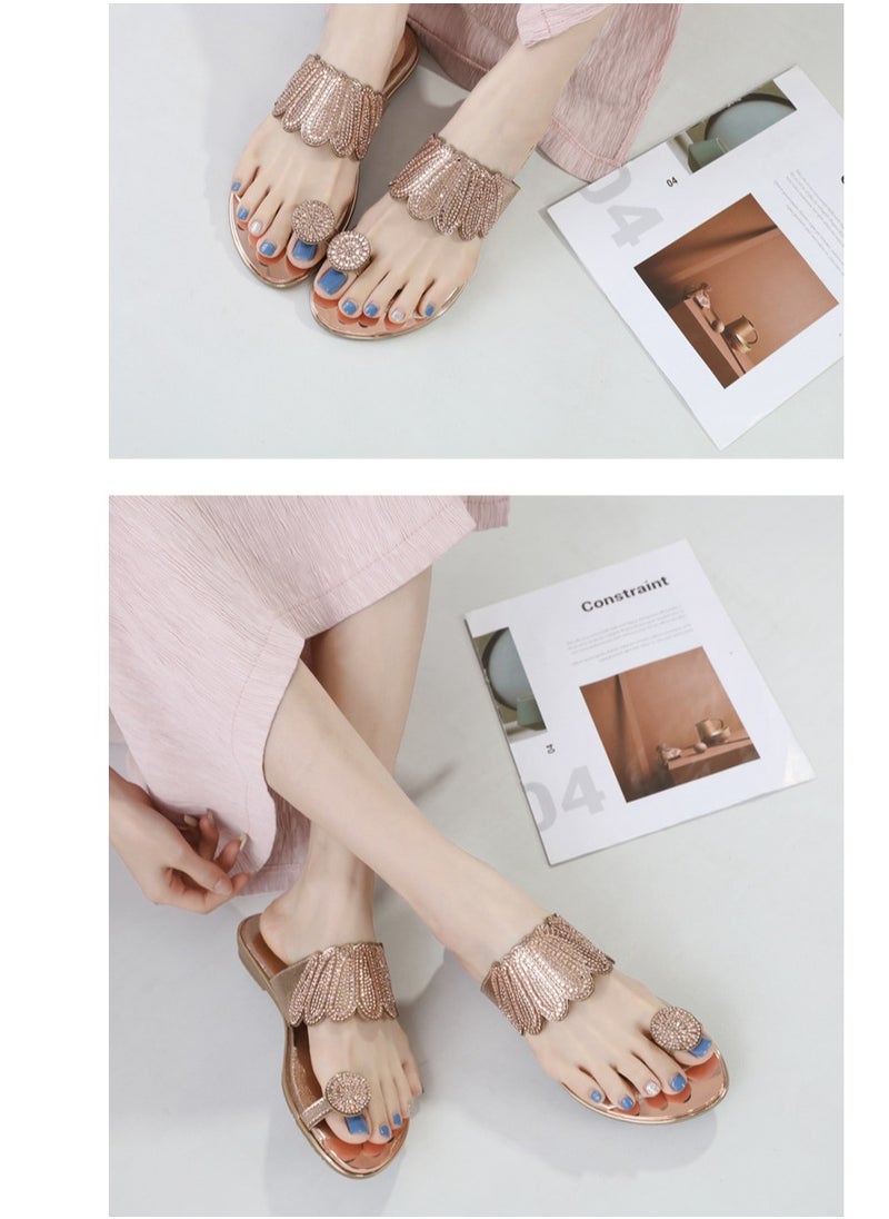 SIKETU Fashion Women Flat Bottom Rhinestone Comfortable Beach Sandals Slippers Gold  - Image 3