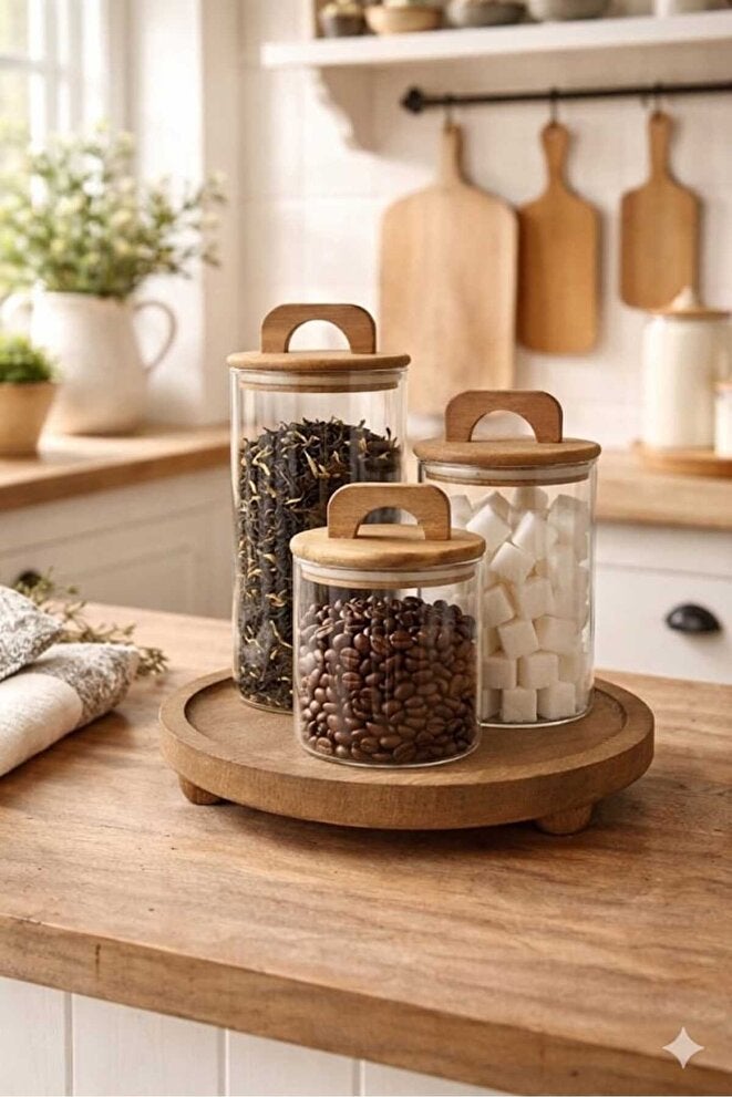 3-Piece Glass Jar Set with Acacia Lid and Wooden Stand Borosilicate Glass 1300 950 550 ml