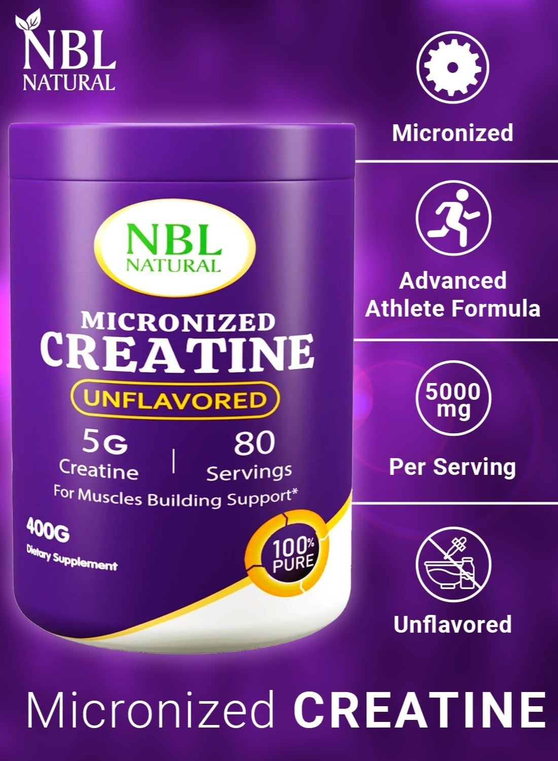 Nbl Natural Creatine Monohydrate Powder Unflavored 400G 80 Servings