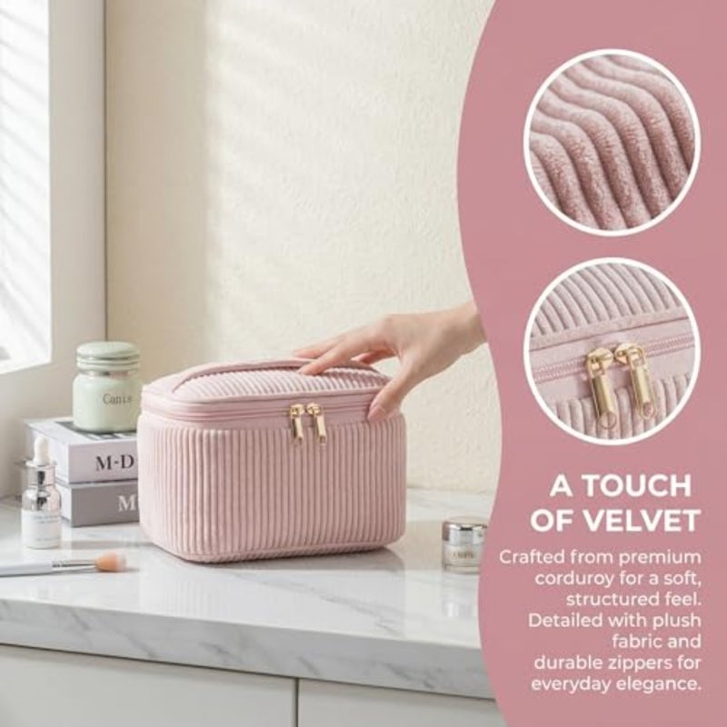 Corduroy makeup bag set for daily, business trip vacation use: multi-size portable toiletry organizer in beige, soft texture durable stitching - Image 4
