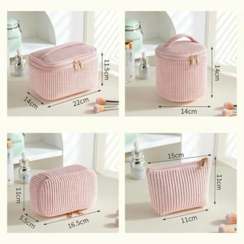 Corduroy makeup bag set for daily, business trip vacation use: multi-size portable toiletry organizer in beige, soft texture durable stitching - Image 3