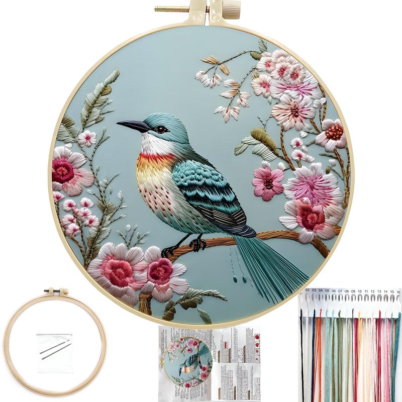 FONNUY Embroidery Kit for Beginners Hummingbird Flowers PreStamped Pattern Kits for Adults with Hoop Easy to Follow Color Thread Needlework 8Hoop Lightblue - Image 3