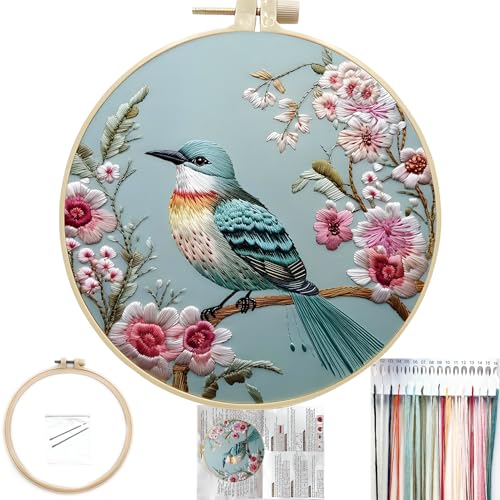 FONNUY Embroidery Kit for Beginners Hummingbird Flowers PreStamped Pattern Kits for Adults with Hoop Easy to Follow Color Thread Needlework 8Hoop Lightblue - Image 1