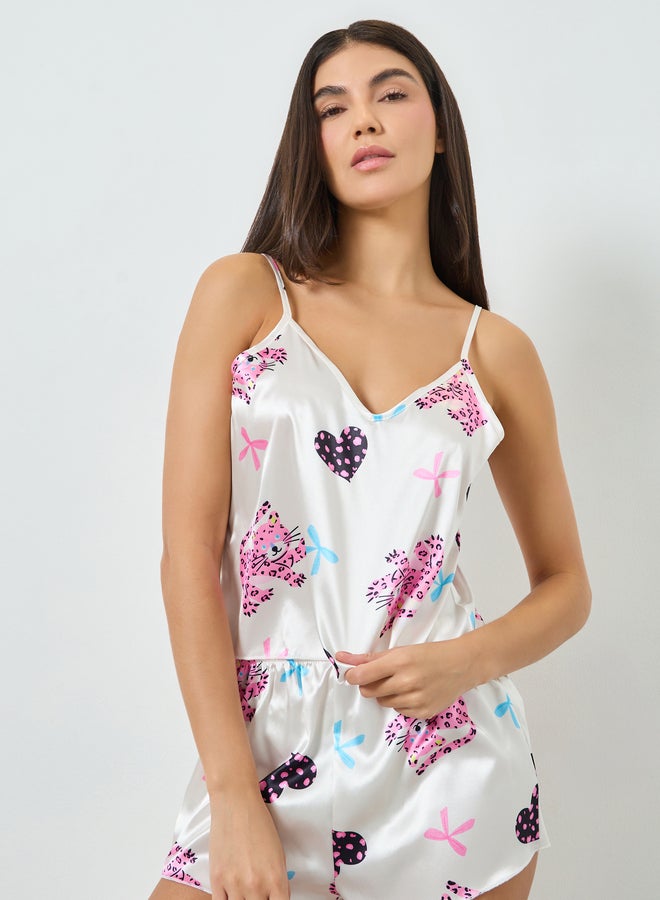 Take Two Graphic Print Satin Cami Top and Shorts Pyjama Set - Image 2