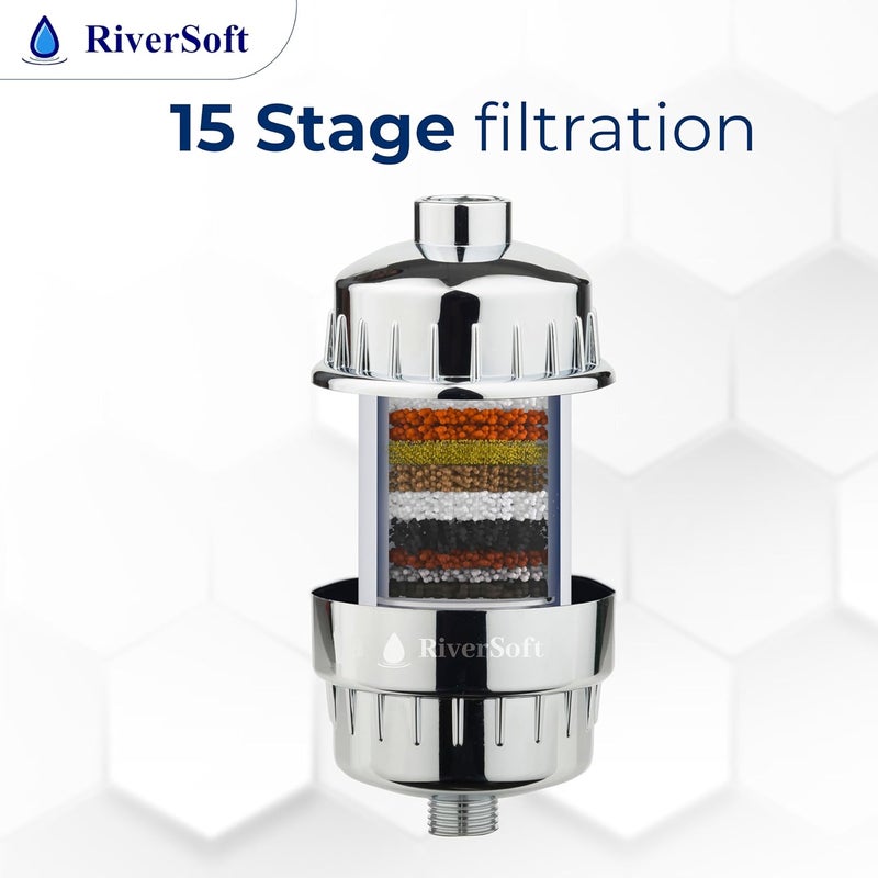 RiverSoft حزمة كومبو SF-15 PRO (ABS، كروم) و SFC-15 (PP، أبيض) فلتر دش للمياه العسرة مع 15 مرحلة مع خرطوشة إضافية | منعم مياه للحمام - Image 5