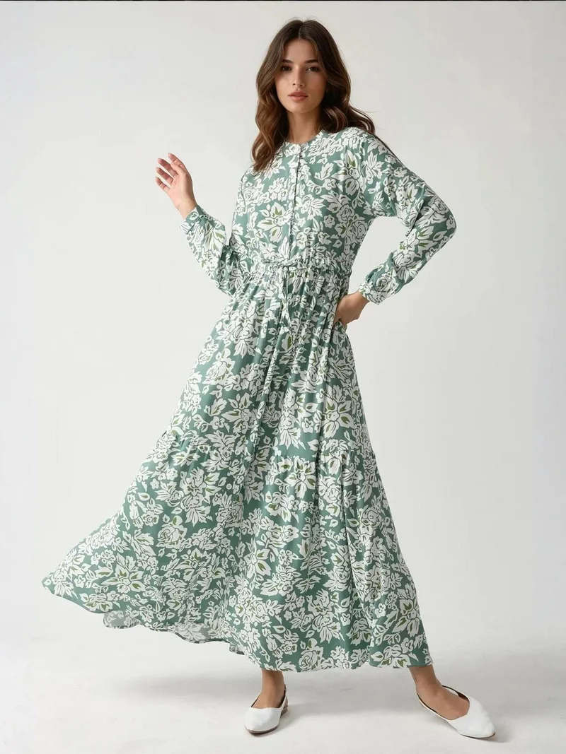 هيكاب فستان ماكسي مطبوع بياقة قميص