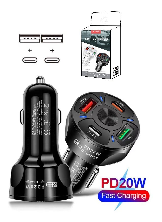 Generic 4-Port PD 20W Car Charger Fast Charging Dual USB & Dual Type-C Car Plug Adapter Car Charger Compatible with All Models of Phones and Tablets for Apple and Android  - Image 1