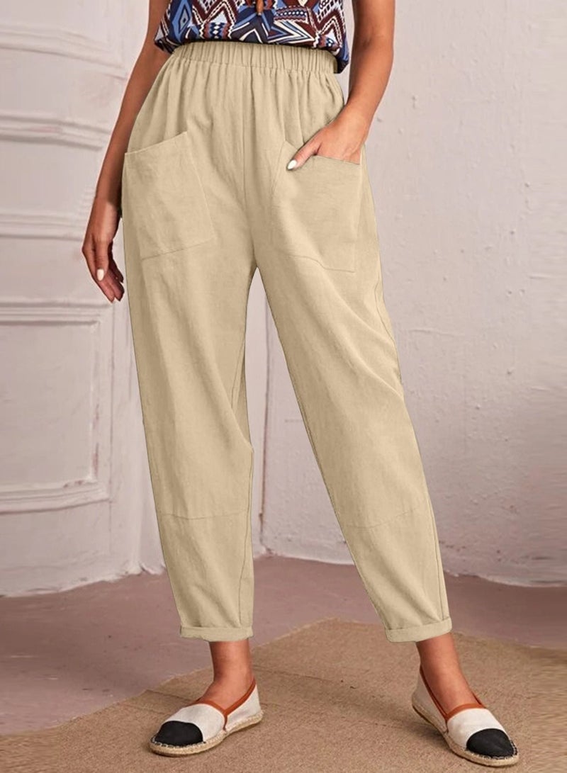 Loquat New Elastic Waist Cotton Oblique Pocket Nine Points Small Foot Leg Women's Pants 