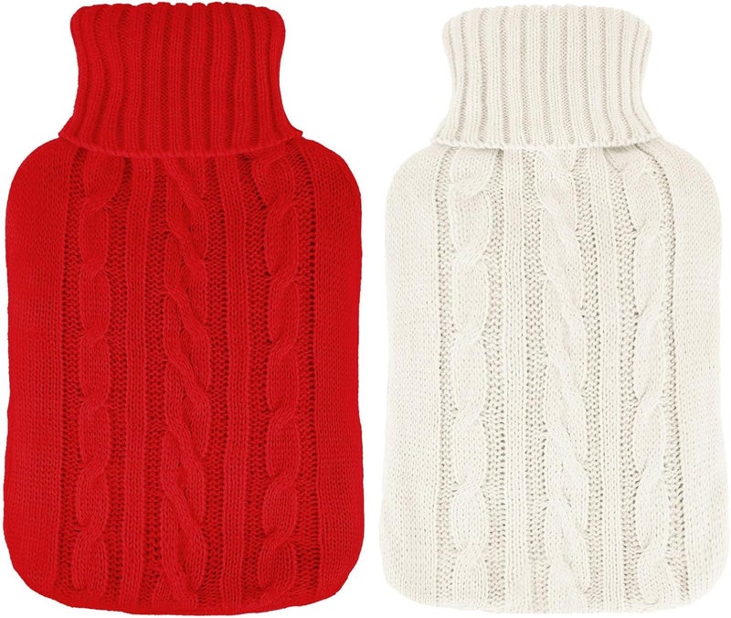 Vesici 2 Pieces Hot Water Bottle Cover Soft Cover Only Knitted Hot Water Bottle Sweater for Winter Compress and Cold Therapy, Menstrual Cramps, Neck, Shoulder Pain Relief(Red,White) 