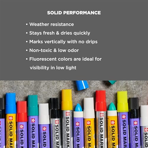 SAKURA SOLID MARKER SAKURA Solid Paint Markers - 12 Assorted Permanent Marker Paint Pens - 2 Black, 7 Assorted Colors & 3 Fluorescent Pens - For Window, Wood & Glass - 12 Pack - Image 4