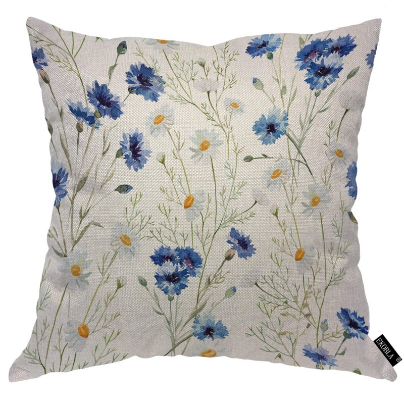 EKOBLA Watercolor Flowers Throw Pillow Cover Blue Cornflower White Daisy Vintage Spring Blossom Cozy Square Cushion Case for Men Women Boys Girls Room Home Decor Cotton Linen 18x18 Inch