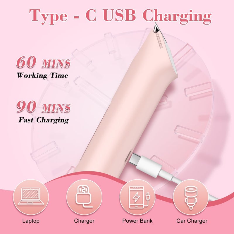 4-in-1 Women's Electric Razor, Dual-Head Body Hair Trimmer for Women, IPX7 Waterproof Rechargeable Bikini Trimmer & Facial Hair Remover for Legs, Armpits, Face, Nose, Eyebrows, Pink - Image 5