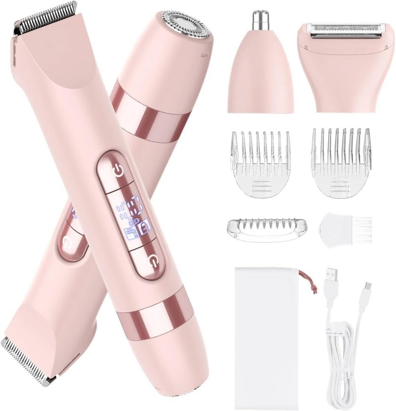4-in-1 Women's Electric Razor, Dual-Head Body Hair Trimmer for Women, IPX7 Waterproof Rechargeable Bikini Trimmer & Facial Hair Remover for Legs, Armpits, Face, Nose, Eyebrows, Pink - Image 1