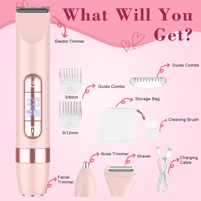 4-in-1 Women's Electric Razor, Dual-Head Body Hair Trimmer for Women, IPX7 Waterproof Rechargeable Bikini Trimmer & Facial Hair Remover for Legs, Armpits, Face, Nose, Eyebrows, Pink - Image 4