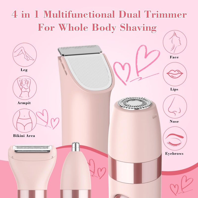 4-in-1 Women's Electric Razor, Dual-Head Body Hair Trimmer for Women, IPX7 Waterproof Rechargeable Bikini Trimmer & Facial Hair Remover for Legs, Armpits, Face, Nose, Eyebrows, Pink - Image 2