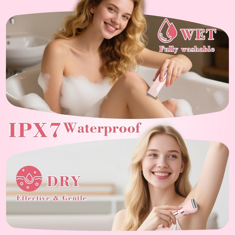 4-in-1 Women's Electric Razor, Dual-Head Body Hair Trimmer for Women, IPX7 Waterproof Rechargeable Bikini Trimmer & Facial Hair Remover for Legs, Armpits, Face, Nose, Eyebrows, Pink - Image 3