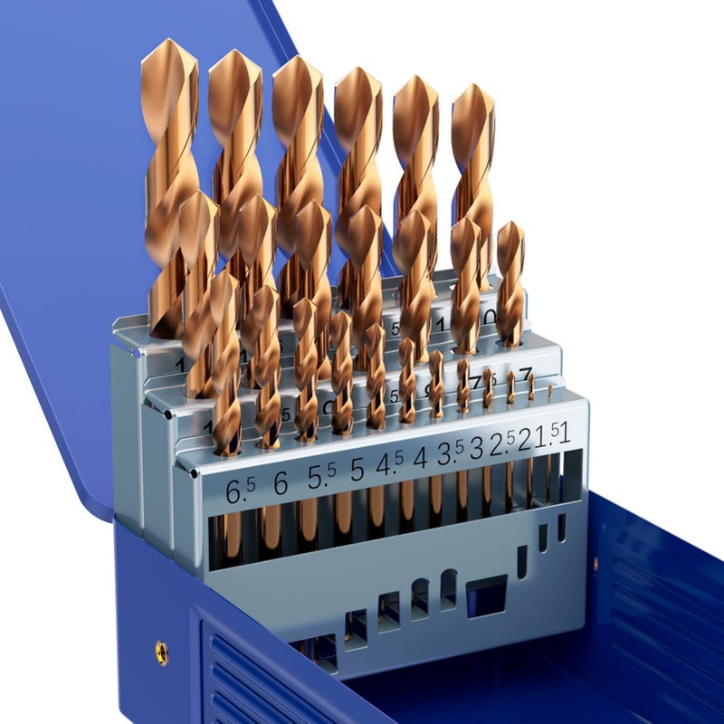 MACXCOIP Metric 25Pcs M35 Cobalt Drill Bit Set 10mm130mm HSS Cobalt Jobber Drill Bits for Hardened Metals Stainless Steel Cast Iron and Wooden Plastics with Metal Index Storage Box